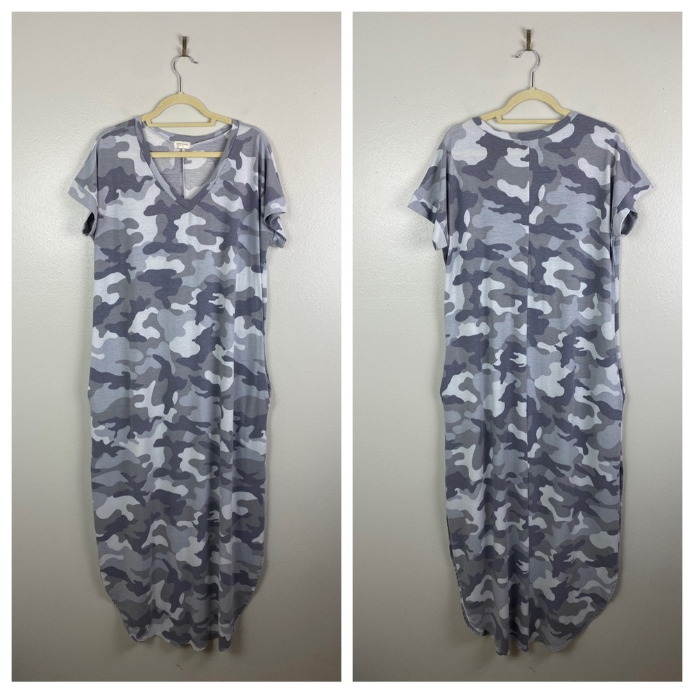 Sweet Lovely by Jen | Gray Camo Print V Neck Maxi Dress 1XL